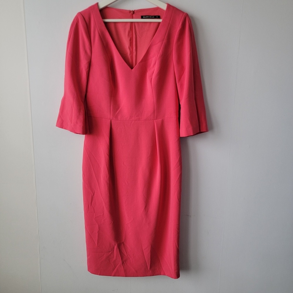 Black Halo women's Adrienne Sheath Dress sz 8 3/4 pleated bell sleeves v-neck